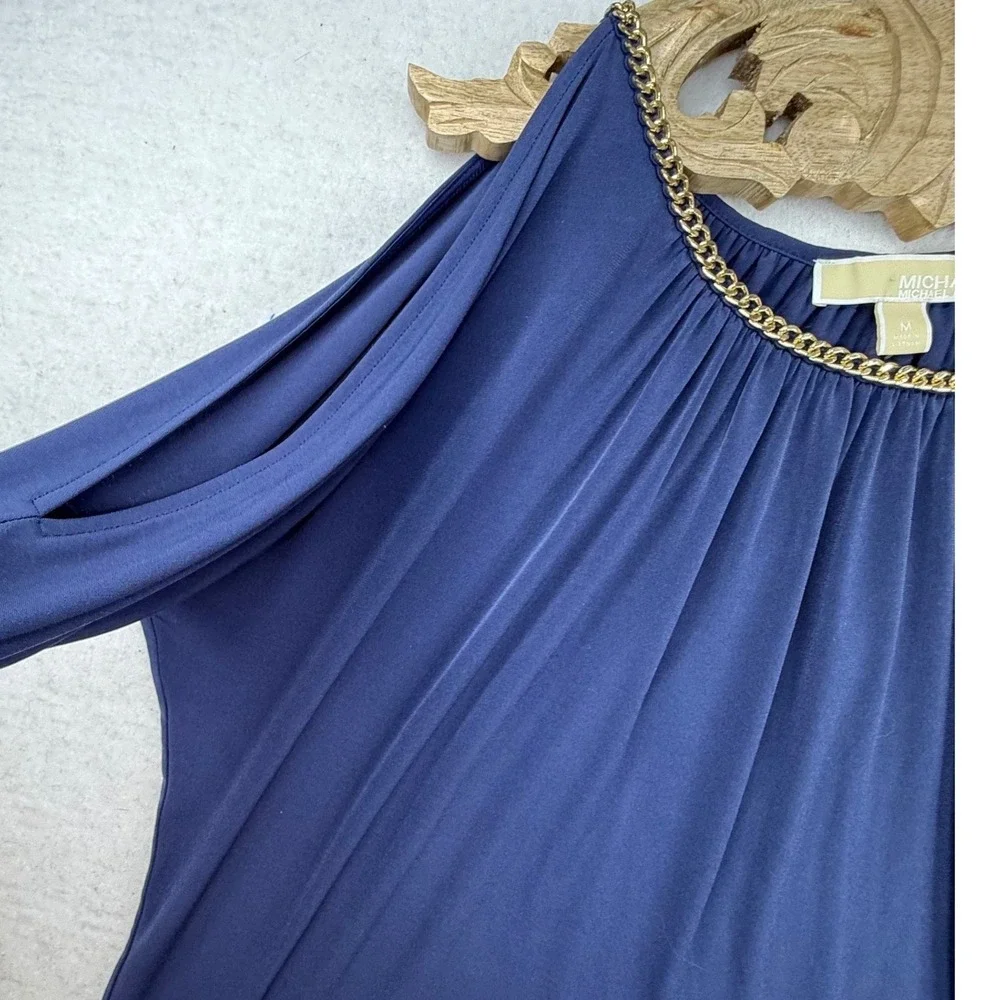 Michael Kors Navy Blue Chain Neck Dolman Sleeve‎ Top Womens M cold shoulder